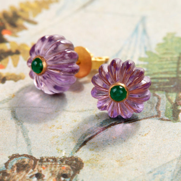 Hand-Carved Floral Post Earrings - Amethyst and Emerald