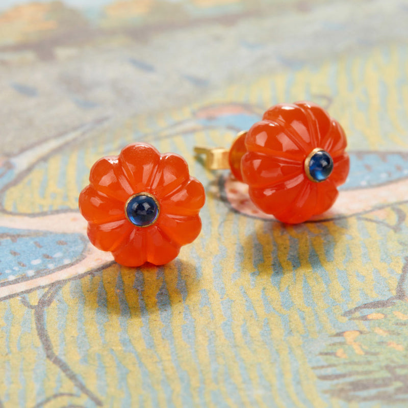 Hand-Carved Floral Post Earrings - Carnelian and Sapphire