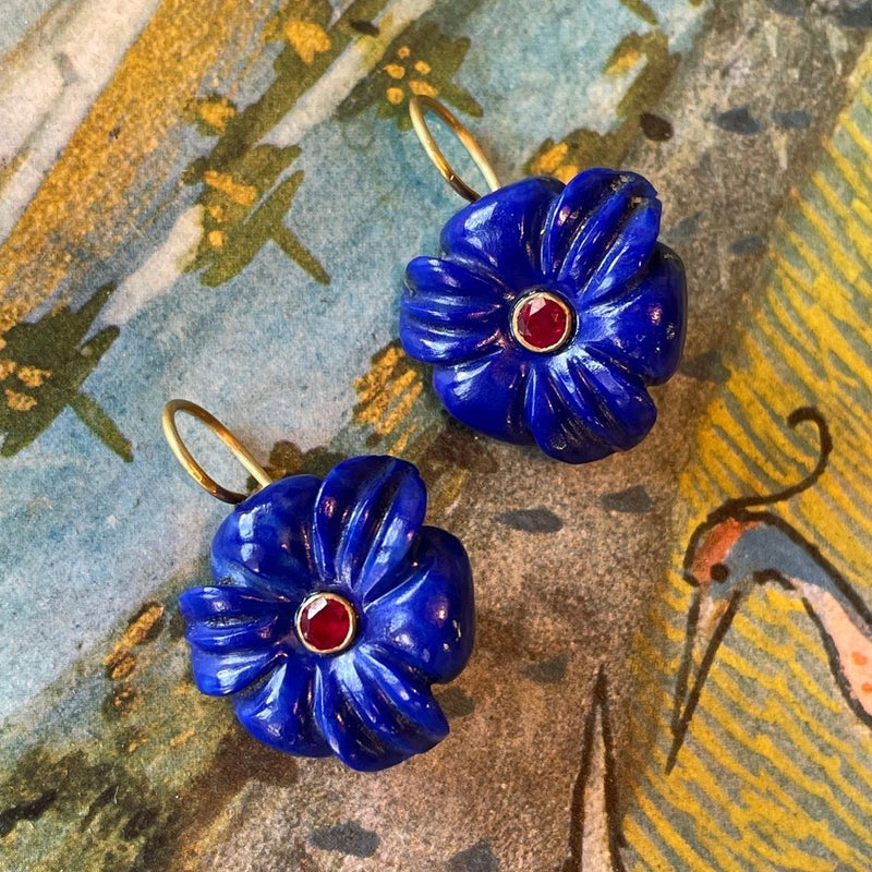 Hand-Carved Floral Drop Earrings - Lapis and Ruby