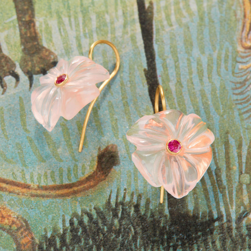 Hand-Carved Floral Drop Earrings - Rose Quartz and Pink Tourmaline